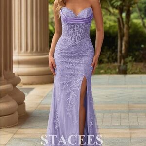 Lilac Strapless Lace Prom Gown with Corset Bodice